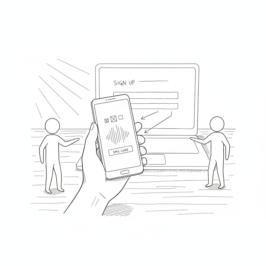 Рука с телефоном и кодом из SMS при регистрации